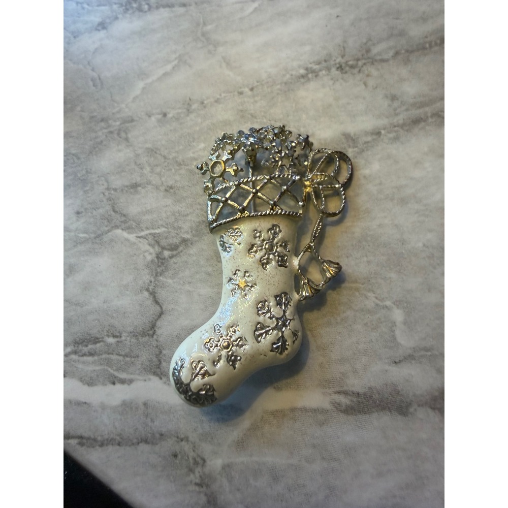 Christopher Radko Christmas Stocking Brooch Pin Silver Tone White Snowflake Bell